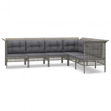 Set mobilier de grădină cu perne, 6 piese, gri, poliratan - Img 2