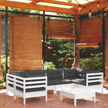 Set mobilier de grădină cu perne, 7 piese, alb, lemn masiv pin - Img 1