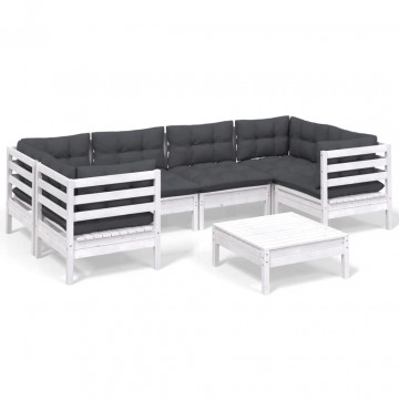 Set mobilier de grădină cu perne, 7 piese, alb, lemn masiv pin - Img 2