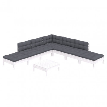 Set mobilier de grădină cu perne, 8 piese, alb, lemn de pin - Img 3