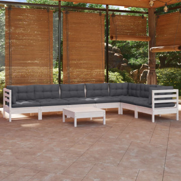 Set mobilier de grădină cu perne, 8 piese, alb, lemn masiv pin - Img 1