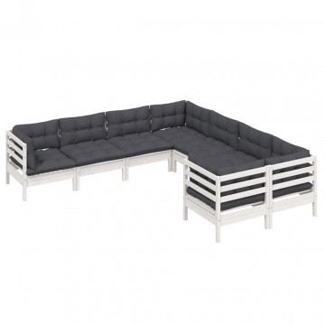 Set mobilier de grădină cu perne, 8 piese, alb, lemn masiv pin - Img 3