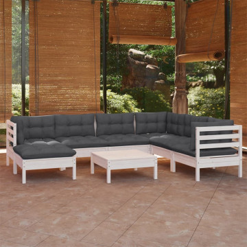 Set mobilier de grădină cu perne, 8 piese, alb, lemn masiv pin - Img 1