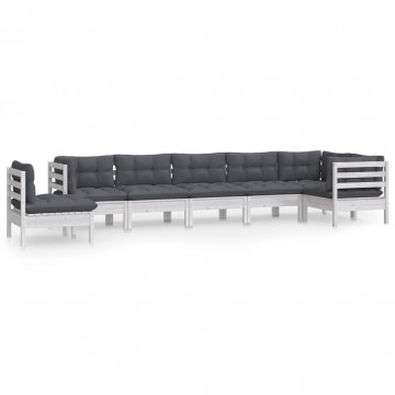 Set mobilier de grădină cu perne, 8 piese, alb, lemn masiv pin - Img 2