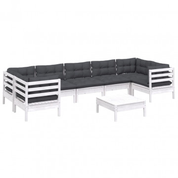 Set mobilier de grădină cu perne, 8 piese, alb, lemn masiv pin - Img 3