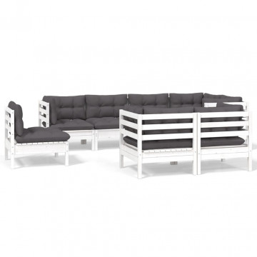Set mobilier de grădină cu perne, 8 piese, alb, lemn masiv pin - Img 2
