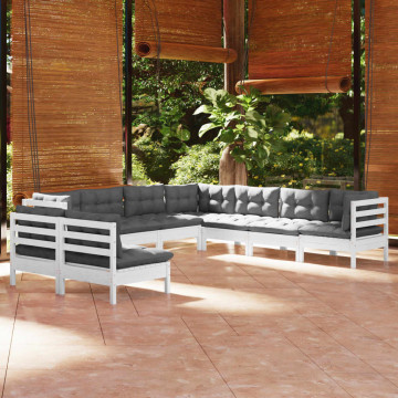 Set mobilier de grădină cu perne, 9 piese, alb, lemn masiv pin - Img 1