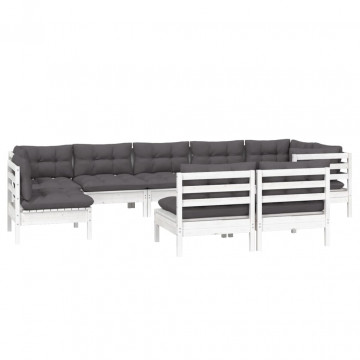 Set mobilier de grădină cu perne, 9 piese, alb, lemn masiv pin - Img 3