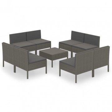 Set mobilier de grădină cu perne, 9 piese, gri, poliratan - Img 2