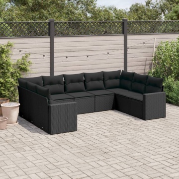 Set mobilier de grădină cu perne, 9 piese, negru, poliratan - Img 1