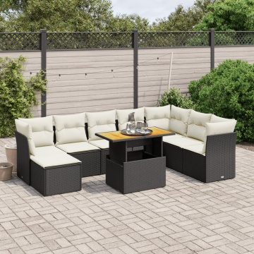 Set mobilier de grădină cu perne, 9 piese, negru, poliratan - Img 1