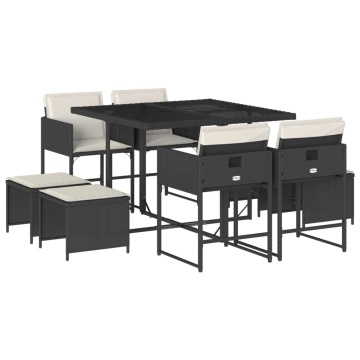 Set mobilier de grădină cu perne, 9 piese, negru, poliratan - Img 2