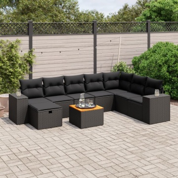 Set mobilier de grădină cu perne, 9 piese, negru, poliratan - Img 1