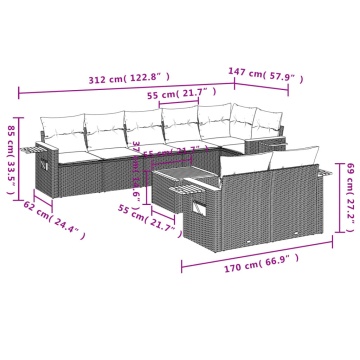 Set mobilier de grădină cu perne, 9 piese, negru, poliratan - Img 7