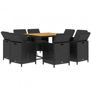 Set mobilier de grădină cu perne, 9 piese, negru, poliratan - Img 3