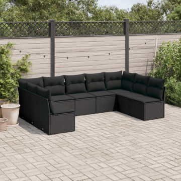 Set mobilier de grădină cu perne, 9 piese, negru, poliratan - Img 1