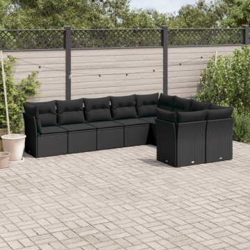 Set mobilier de grădină cu perne, 9 piese, negru, poliratan - Img 1