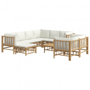 Set mobilier de grădină, cu perne alb crem, 10 piese, bambus - Img 3