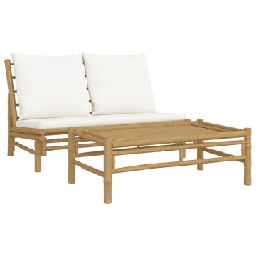 Set mobilier de grădină cu perne alb crem, 2 piese, bambus - Img 2