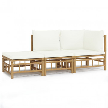 Set mobilier de grădină, cu perne alb crem, 3 piese, bambus - Img 2