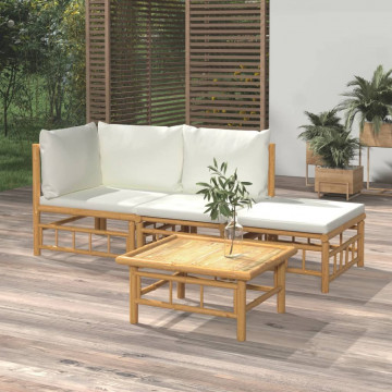 Set mobilier de grădină, cu perne alb crem, 4 piese, bambus - Img 1