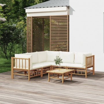 Set mobilier de grădină cu perne alb crem, 6 piese, bambus - Img 1