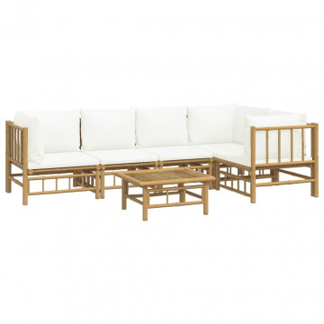 Set mobilier de grădină cu perne alb crem, 6 piese, bambus - Img 3