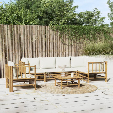 Set mobilier de grădină cu perne alb crem, 7 piese, bambus - Img 1