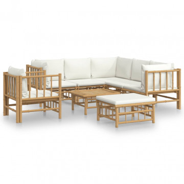 Set mobilier de grădină, cu perne alb crem, 8 piese, bambus - Img 2