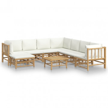 Set mobilier de grădină, cu perne alb crem, 9 piese, bambus - Img 2