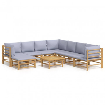 Set mobilier de grădină cu perne gri deschis, 9 piese, bambus - Img 2