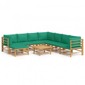 Set mobilier de grădină cu perne verzi, 9 piese, bambus - Img 2