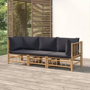 Set mobilier de grădină, perne gri închis, 3 piese, bambus - Img 1