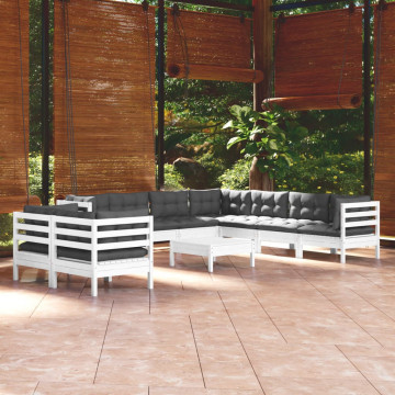 Set mobilier grădină cu perne, 10 piese, alb, lemn masiv pin - Img 1