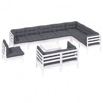 Set mobilier grădină cu perne, 11 piese, alb, lemn masiv pin - Img 3