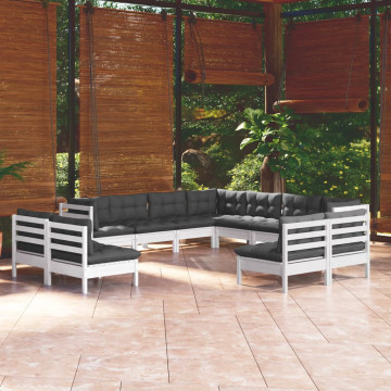 Set mobilier grădină cu perne, 11 piese, alb, lemn masiv pin - Img 1
