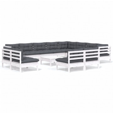 Set mobilier grădină cu perne, 13 piese, alb, lemn masiv pin - Img 2