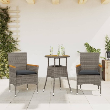 Set mobilier grădină cu perne 3 piese gri poliratan/lemn acacia - Img 1