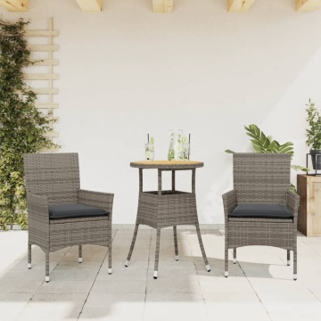 Set mobilier grădină cu perne 3 piese gri poliratan/lemn acacia - Img 1