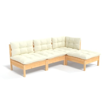 Set mobilier grădină cu perne, 4 piese, crem, lemn de pin - Img 2