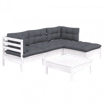 Set mobilier grădină cu perne, 5 piese, alb, lemn de pin - Img 3