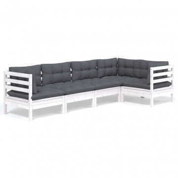 Set mobilier grădină cu perne, 5 piese, alb, lemn de pin - Img 2