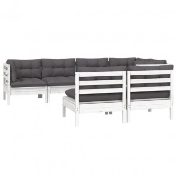 Set mobilier grădină cu perne, 7 piese, alb, lemn masiv de pin - Img 3