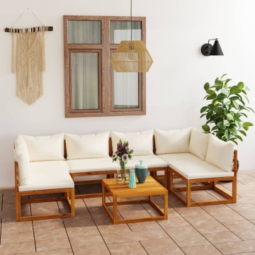 Set mobilier grădină cu perne, 7 piese, crem, lemn masiv acacia - Img 1