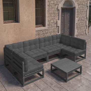 Set mobilier grădină cu perne, 7 piese, negru, lemn masiv pin - Img 1