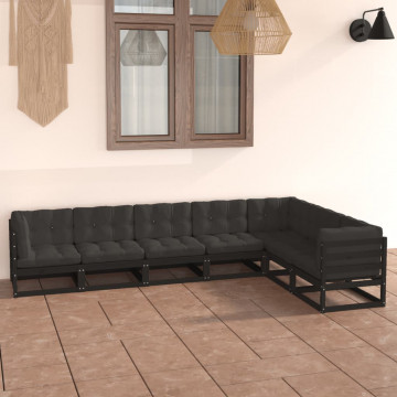 Set mobilier grădină cu perne, 7 piese, negru, lemn masiv pin - Img 1