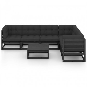 Set mobilier grădină cu perne, 7 piese, negru, lemn masiv pin - Img 3