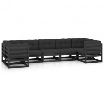 Set mobilier grădină cu perne, 7 piese, negru, lemn masiv pin - Img 2