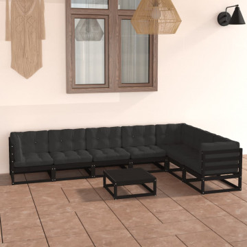 Set mobilier grădină cu perne, 8 piese, negru, lemn masiv pin - Img 1