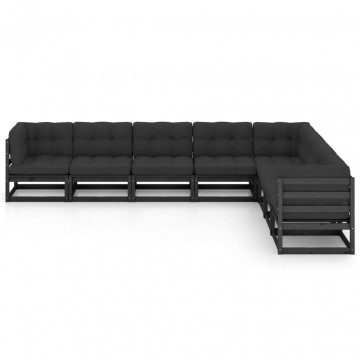 Set mobilier grădină cu perne, 8 piese, negru, lemn masiv pin - Img 2